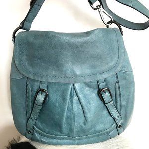 Perlina New York Blue Leather Shoulder Bag Everyday Handbag Lots of Pockets